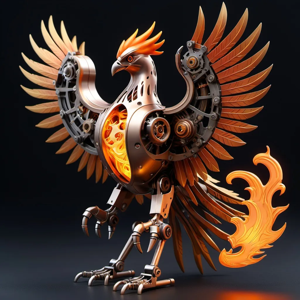 Prompt: a mechanical phoenix with flames on its chest