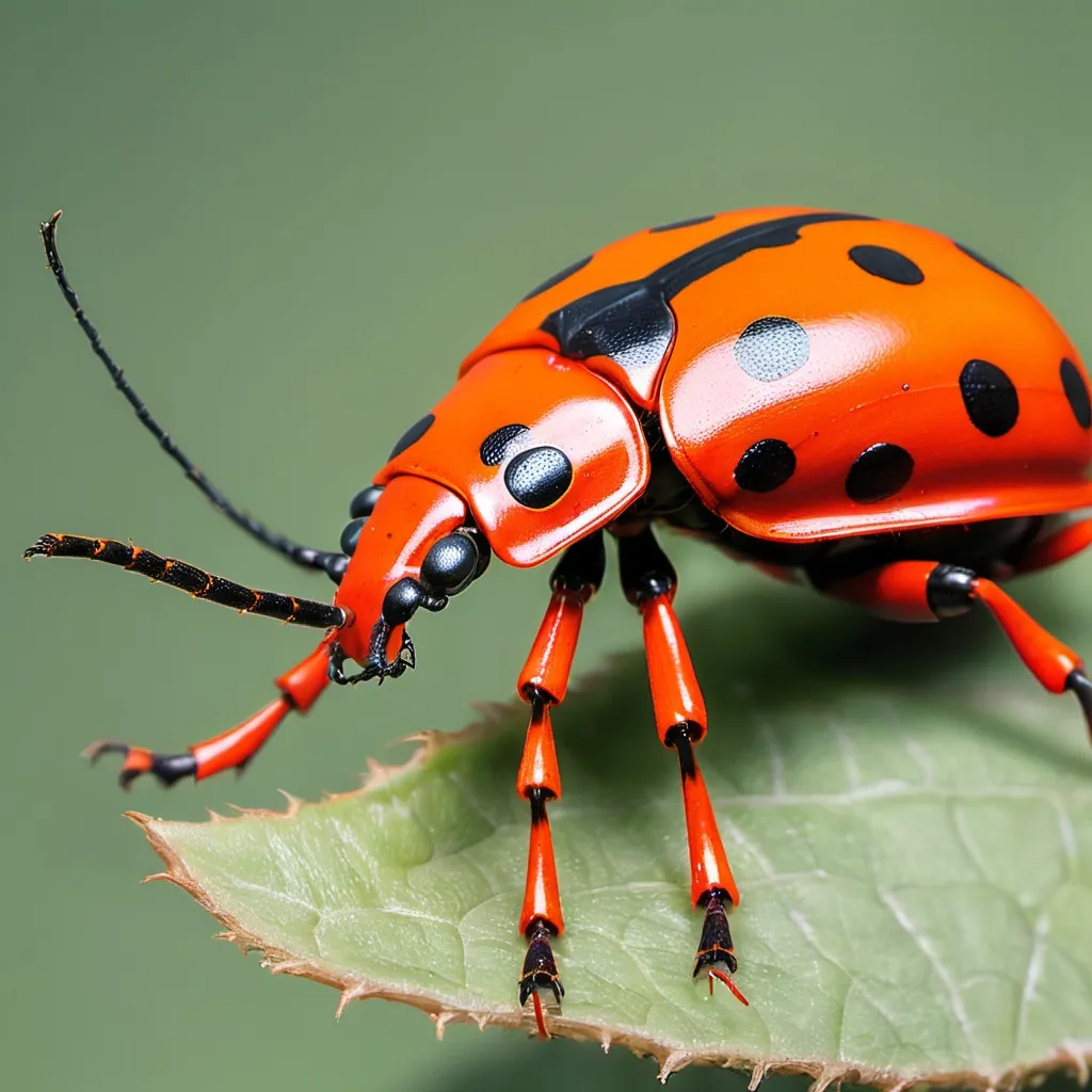 Prompt: a red and spotted beetle insect with long orange antennae