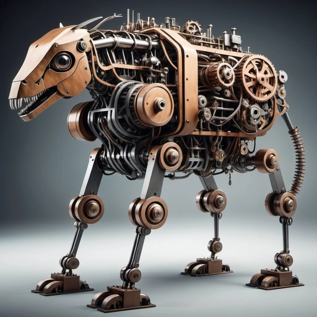 Prompt: a large mechanical animal that has four legs for locomotion and an engine block for a head