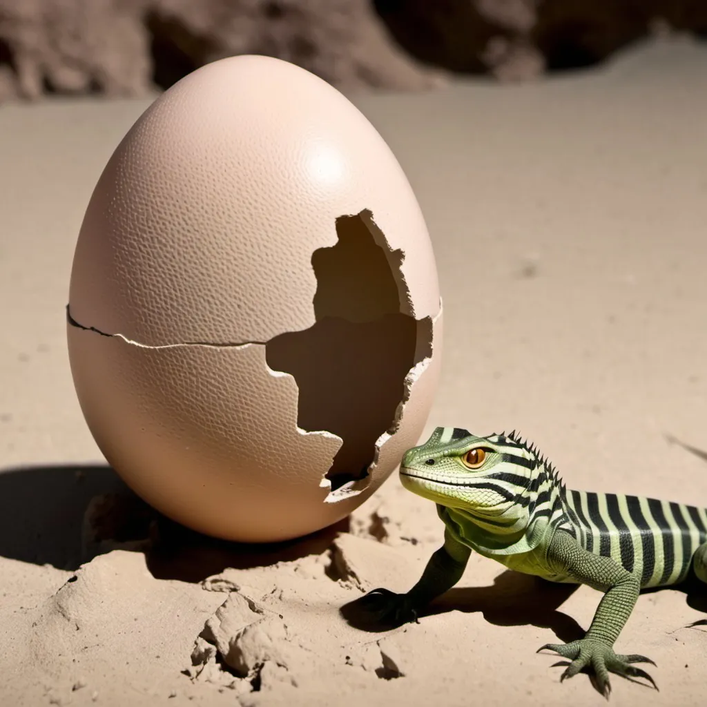 Prompt: an egg hatches to reveal a striped lizardman about 5 feet tall