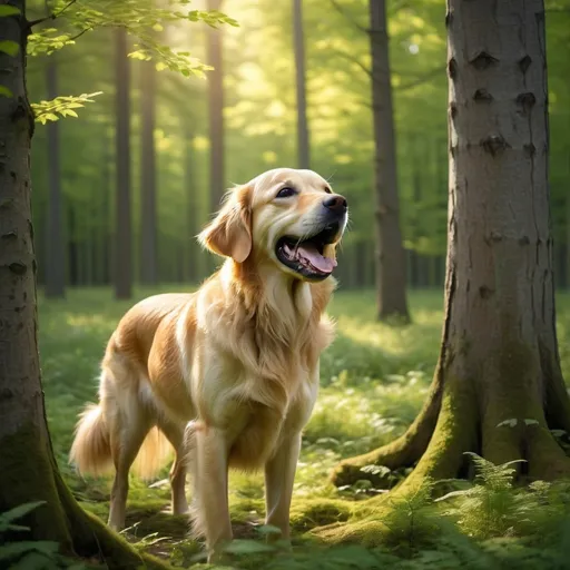 Prompt: A Yellow Retreiver Dog in a Boreal Forest Clearing with a hatchet in his mouth