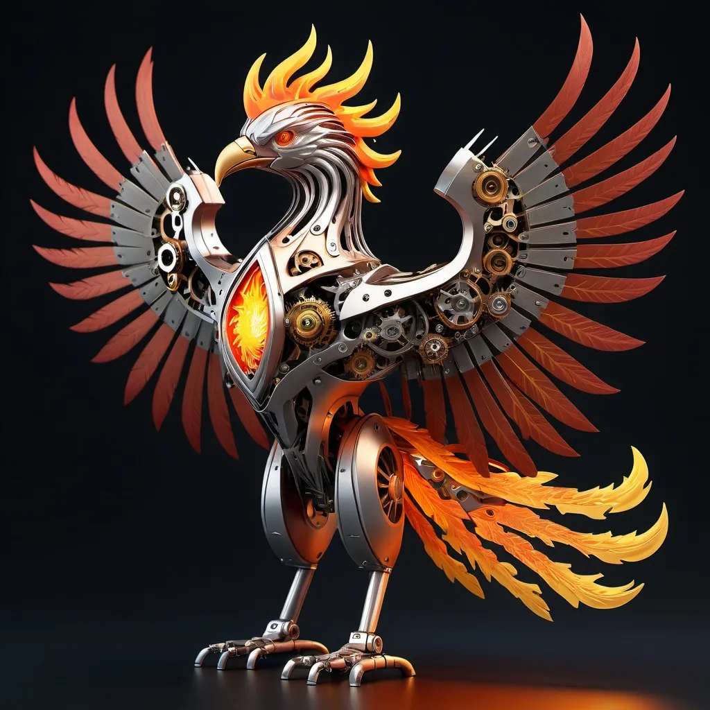 Prompt: a mechanical phoenix with flames on its chest