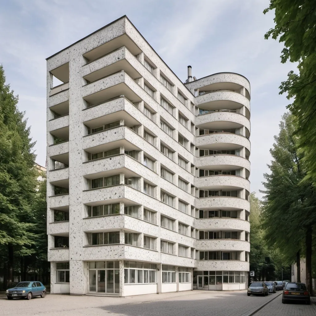 Prompt: Create a collective Greek Polykatoikia building like Coop Housing in Spreefeld in Berlin. But making it look like a Polykatoikia in the 69s with marble and beautiful terrazzo. I want interior views. Steel structure. Make it luxurious like in the 60s. Beautiful decoration of the modernism. 