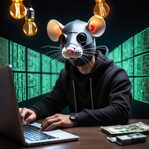 Prompt: profile picture of the hacker who rules the world. very handsome, very handsome and with a mask on his face. With a computer and coloured light bulbs in the background. Make him look happy and surrounded by pictures of money. get more money and illegal software logos.

Rat
Combolist
Credit Card
Database