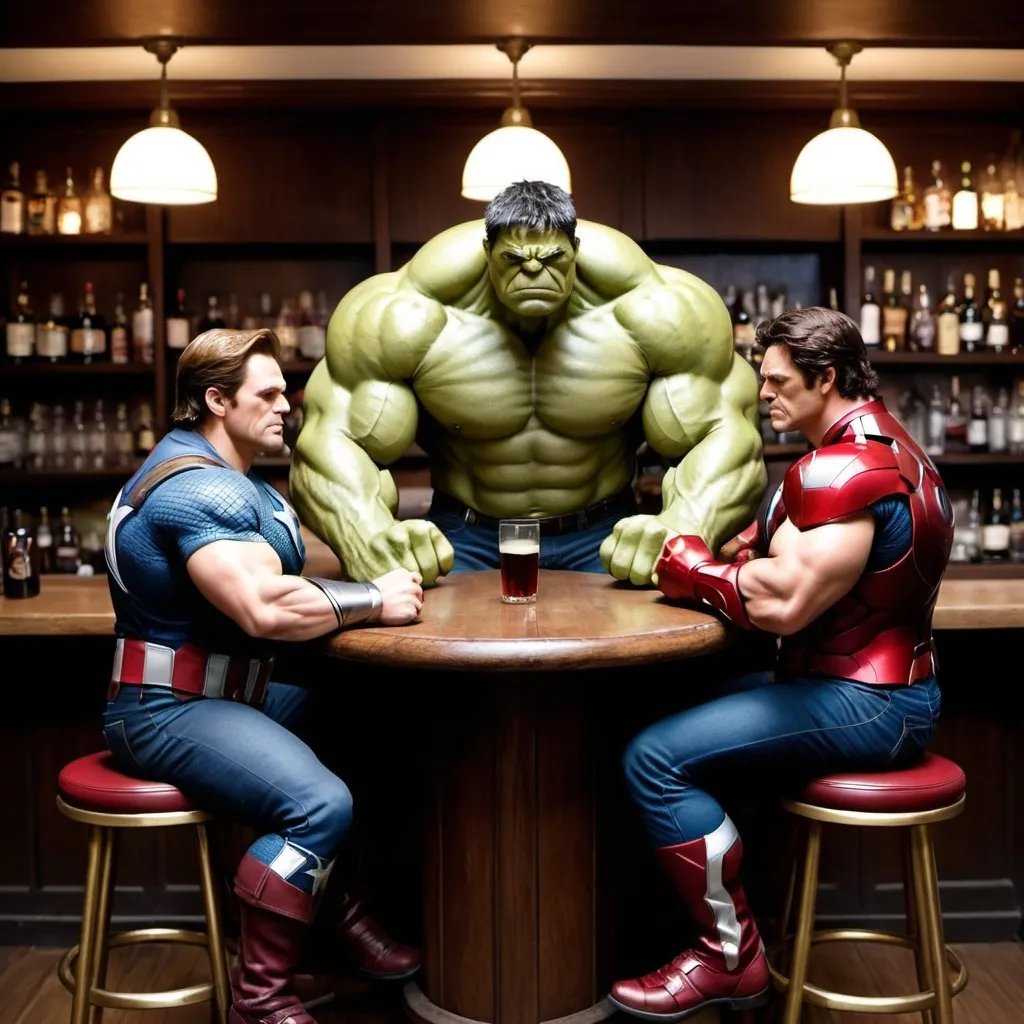 Prompt: Genera una imagen donde se muestre a dos avengers, Capitan Am�rica y Hulk en el interior de un bar con estilo cl�sico de los a�os 40. Est�n sentados alrededor de una mesa discutiendo amigablemente, con un par de cervezas que parecen muy fr�as, pues se aprecia la condensaci�n en los vasos. Los se�ores con sus trajes, algo ro�dos y lucen cabello canoso, denotando una edad avanzada