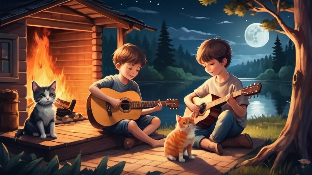 Prompt: The boy and his girlfriend are playing the guitar by the fire, the dog and cat are playing. pine tree house. The river flows, the moonlight shines