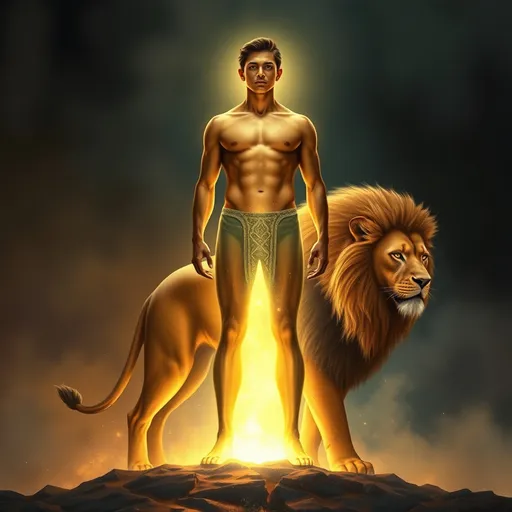 Prompt: A person standing tall and confident, with a lion by their side. The person's body should be surrounded by a glowing aura, and the lion should have an intense, determined expression. The background should be a mix of dark and light elements, representing the journey of conquering fears and unleashing inner strength.