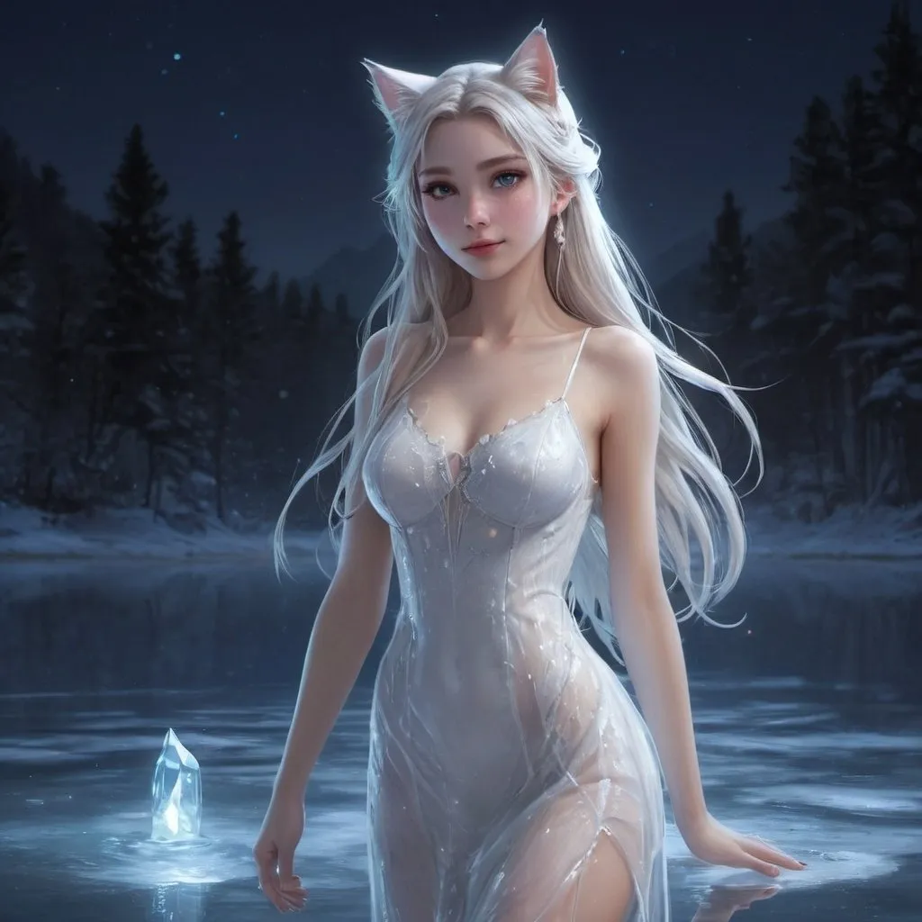 Prompt: skinny european catgirl, long creamy straight hair, white staff, moonlight, neon lighting, transparent dress, ultra-detailed, realistic, high resolution, highly detailed, photorealistic, frozen lake