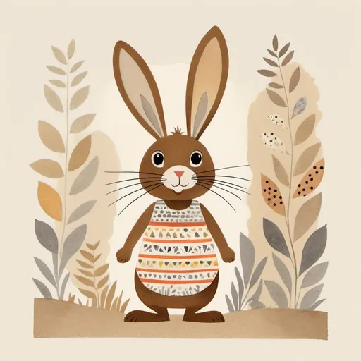 Prompt: A simple children's book illustration of En rabbit in the style of Mary Blair collage of textures and patterns in brawn gey tones on a cream paper background, minimalism, a water colour drawing