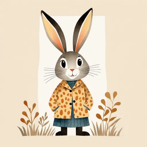 Prompt: A simple children's book illustration of En rabbit in the style of Mary Blair collage of textures and patterns in brawn gey tones on a cream paper background, minimalism, a water colour drawing