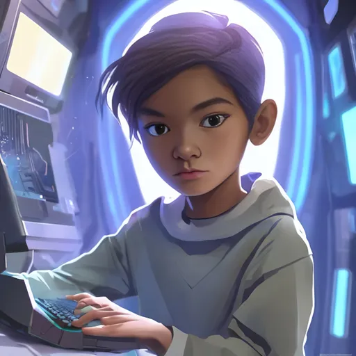 Prompt: androgynous female age nine likes computers and solves technical problems in a futuristic place

