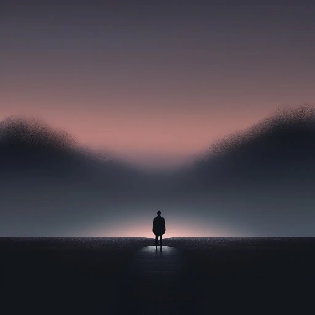 Prompt: Minimalist man standing twilight background, dark place with a blury path