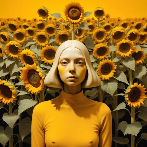 Prompt: a orange background with a large sculpture made of sunflowers and a yellow background with a yellow background, Brad Kunkle, psychedelic art, surreal photography, a character portrait