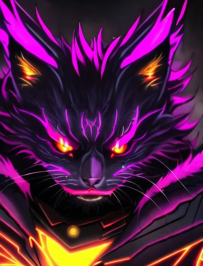 Prompt: Mad god cat, digital painting, fierce expression, glowing eyes, fur with neon highlights, futuristic city backdrop, intense lighting, high quality, cyberpunk, radiant color tones, intense atmosphere