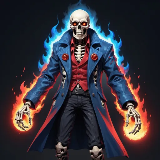 Prompt: skeleton with a blue jacket and a red-blue flaming eye. with a blaster with a big gash on its chest. and crying throwing magic bones. with a glitch eye on his left. in the judgment hall godlike powers