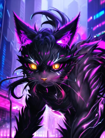 Prompt: god cat, digital painting, fierce expression, glowing eyes, fur with neon highlights, futuristic city backdrop, intense lighting, high quality, cyberpunk, radiant color tones, intense atmosphere