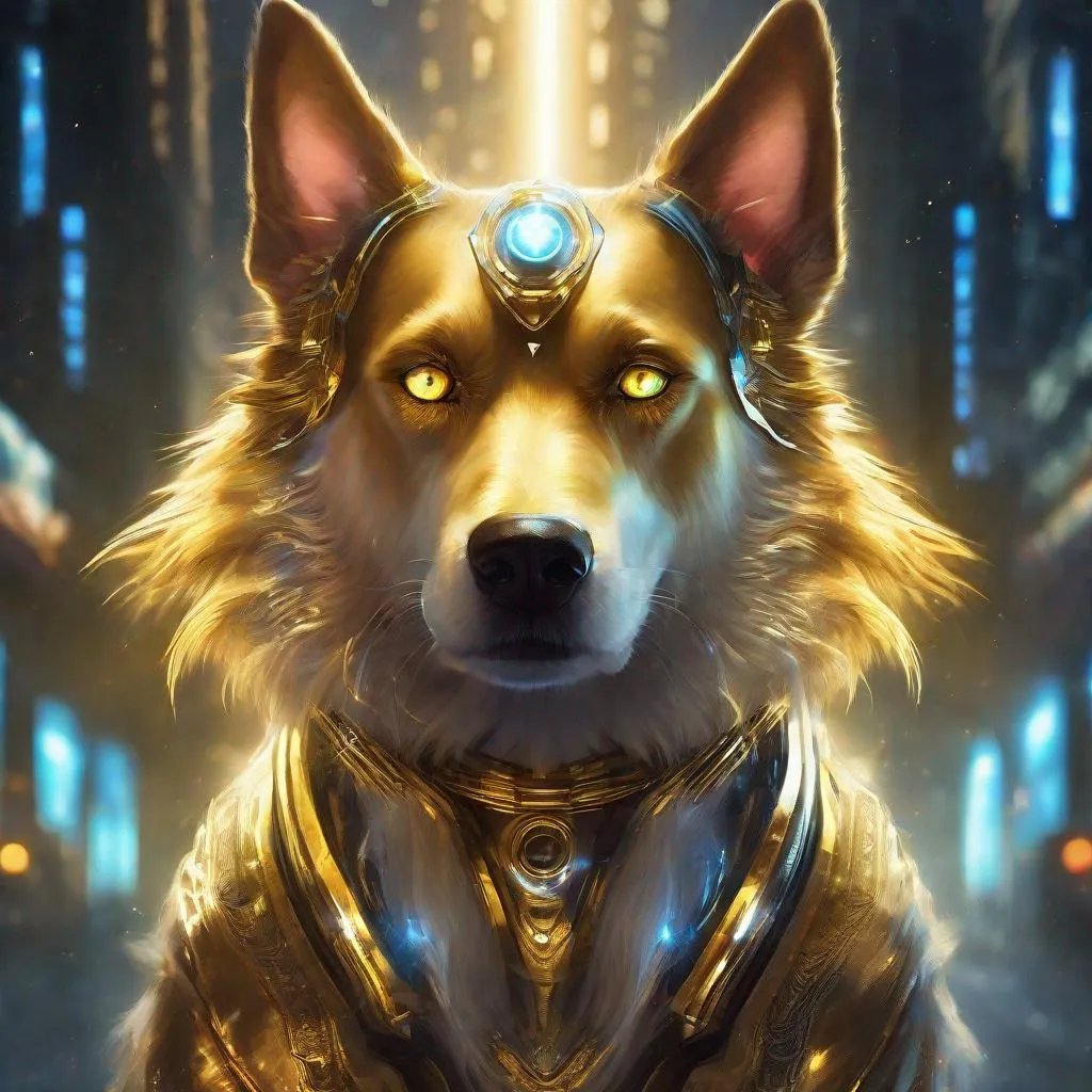 Prompt: God-like dog portrait, digital painting, majestic golden fur with divine shimmer, piercing heavenly eyes, celestial aura, futuristic cyberpunk cityscape backdrop, intense and otherworldly gaze, mythological creature, high-tech collar, ultra-HD, cyberpunk, majestic fur, celestial, futuristic, divine gaze, intense lighting