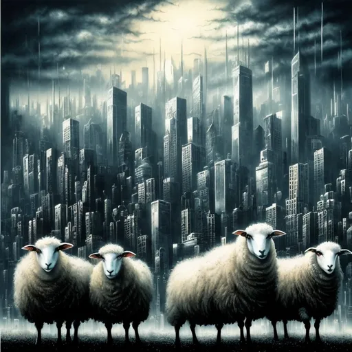 Prompt: a group of sheep standing in front of a city skyline with skyscrapers in the background, with a dark sky, Ben Templesmith, precisionism, dystopian art, an airbrush painting