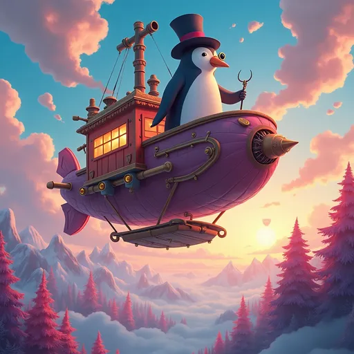 Prompt: "Imagine a whimsical steampunk airship floating through a vibrant candy-colored sky, piloted by a dapper penguin in a top hat and monocle. Below, a landscape of floating islands covered in glowing crystal trees stretches endlessly."

