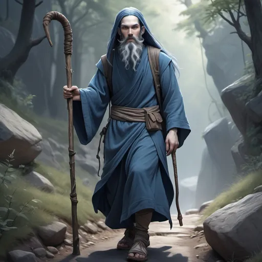 Prompt: hyper-realistic air genasi character with pale skin, long dark blue hair and beard, dressed like a poor monk, hiking with a walking stick, wal fantasy character art, illustration, dnd, cool tone