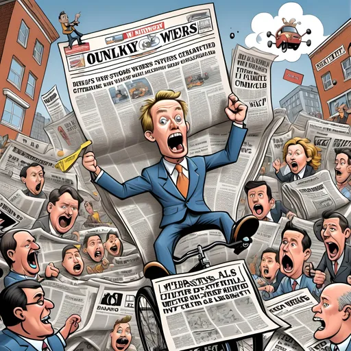 Prompt: A creative newspaper-style cartoon that humorously combines all the top headlines of the day. The image features a bustling, exaggerated, and chaotic scene where multiple stories interact in a comical way. Each news item is represented by quirky caricatures or exaggerated visuals, like a world leader balancing on a unicycle, a tech gadget running wild, or a celebrity trying to escape a giant trending hashtag. The composition is packed with lively action and vibrant details, blending absurdity and satire. The overall aesthetic mimics classic newspaper editorial cartoons, with hand-drawn black ink outlines, subtle watercolor-style coloring, and clever visual wordplay woven into the scene