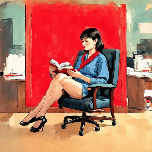 Prompt: a woman sitting in a chair reading a book with a red frame around her neck and legs, with a red background, Eddie Campbell, academic art, cliff chiang, a gouache