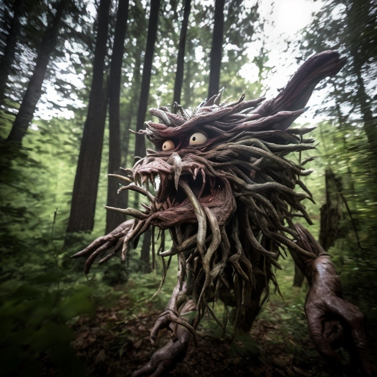 Prompt: A frightening creature emerges from the woods and moves toward the cabin.