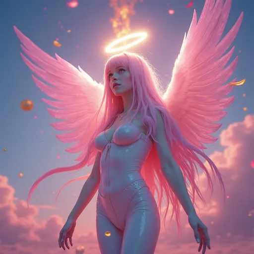 Prompt: Angelic Cyborg, Lisa Frank style. Photorealism, Surrealism, Salvation.