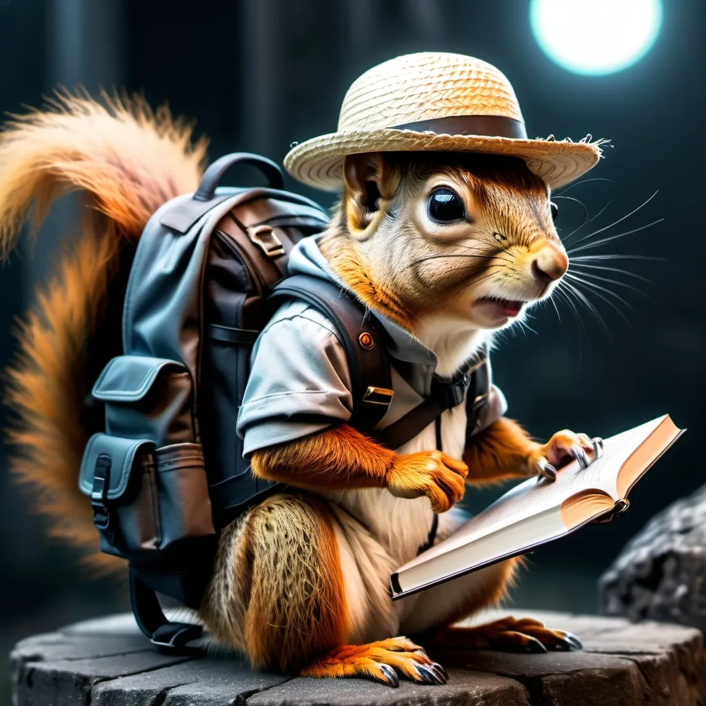 Prompt: An adventurous squirrel with a straw hat and survivalist backpack, studying his surroundings in a dark gothic cyberpunk dystopia