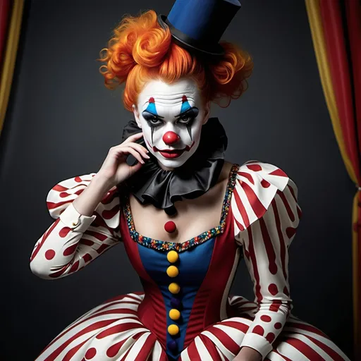 Prompt: High end clown woman fashion chic formal wear luxury circus gala