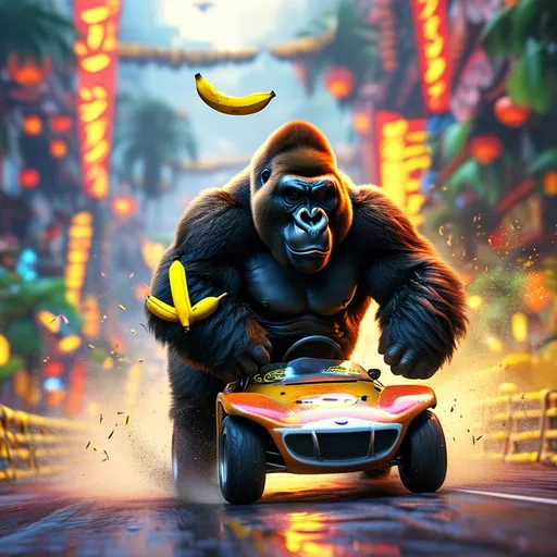 Prompt: A massive gorilla driving a go kart and throeing s banana peel away, driving in a go cart race through a cyber punk neon scape