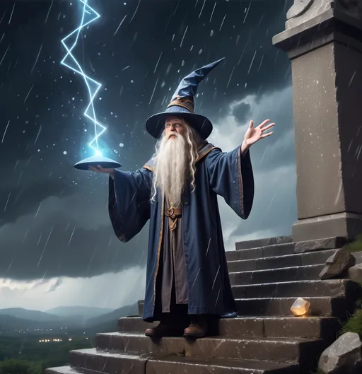 Prompt: A wizard summoning the rain. Standing on top of a stone stairway holding a magic artifact to the sky, torrential downpour, pointy wizard hat with constellations 