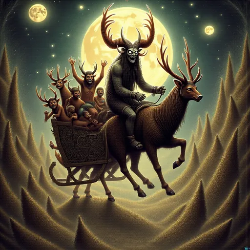 Prompt:  On a full moon 8 tiny reindeer pull Krampus on a sleigh, heavy metal style, barbaric