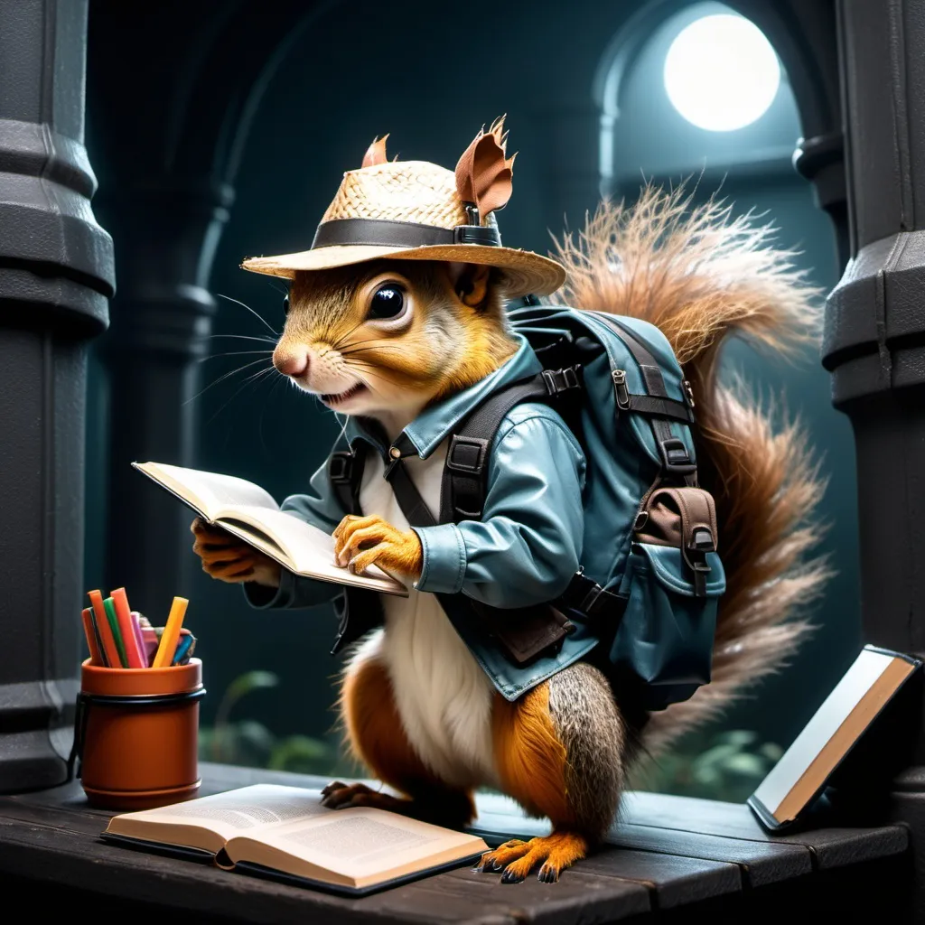 Prompt: An adventurous squirrel with a straw hat and survivalist backpack, studying his surroundings in a dark gothic cyberpunk dystopia