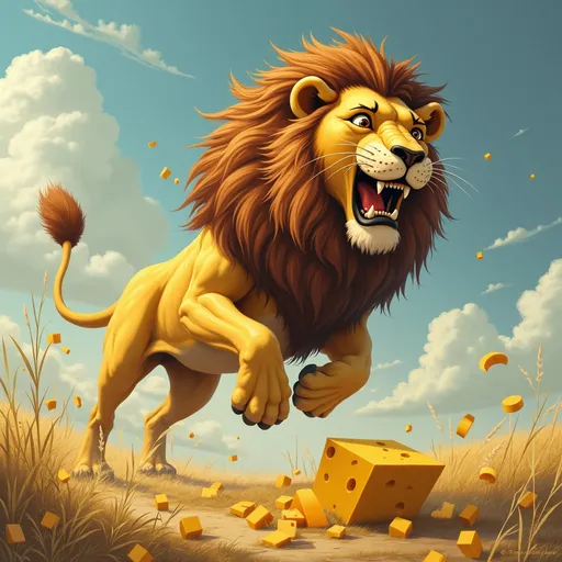 Prompt: LION POUNCES THE CHEESE!!!