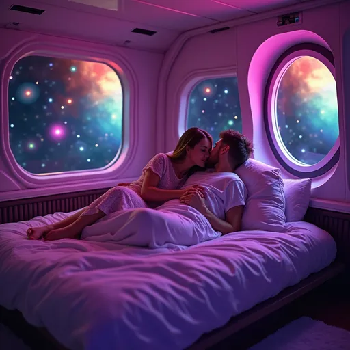 Prompt: A married couple in a spaceship cabin wind down for bed, colorful space phenomena, cozy loving couple, cozy vibes, neon sci fi pop, purple tones