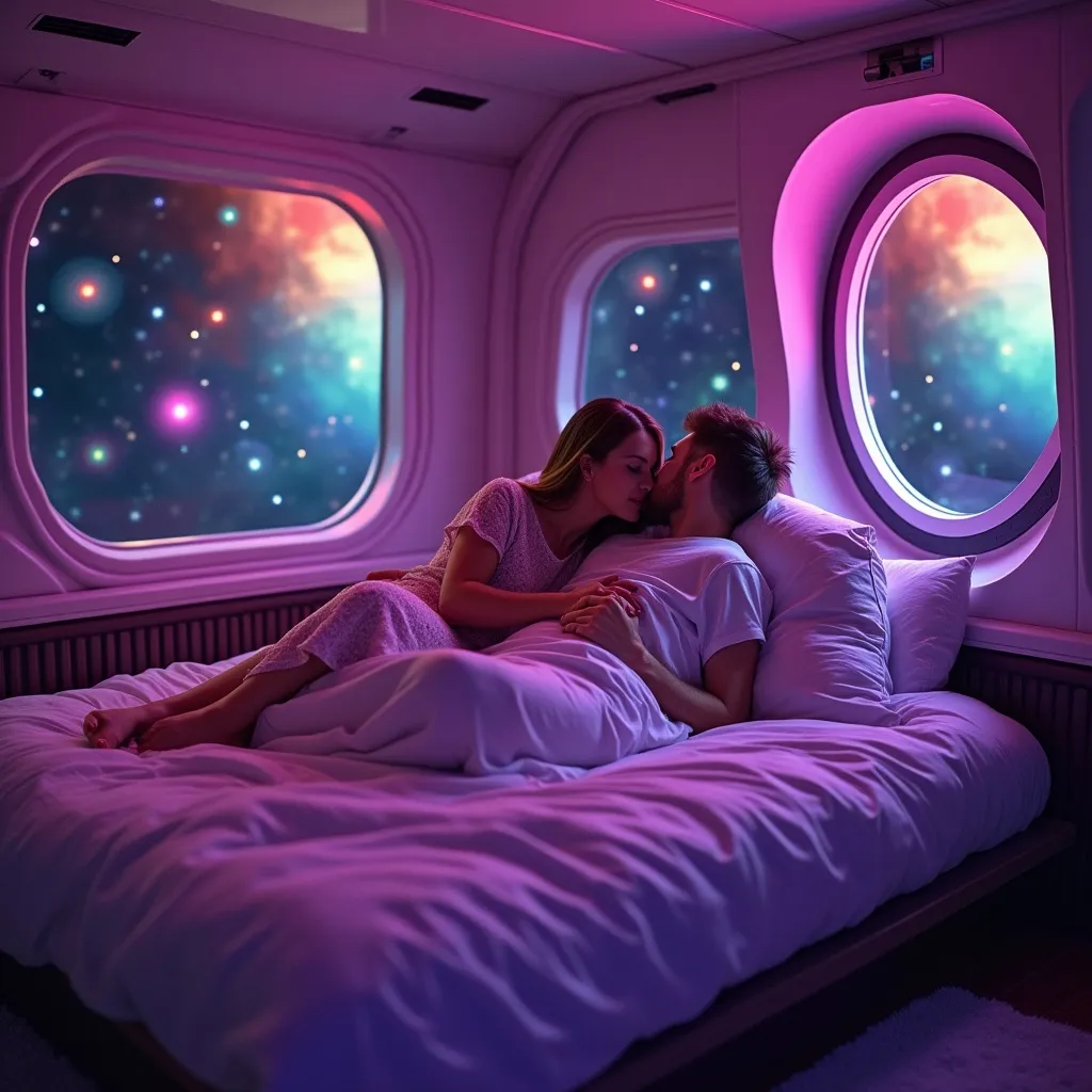 Prompt: A married couple in a spaceship cabin wind down for bed, colorful space phenomena, cozy loving couple, cozy vibes, neon sci fi pop, purple tones