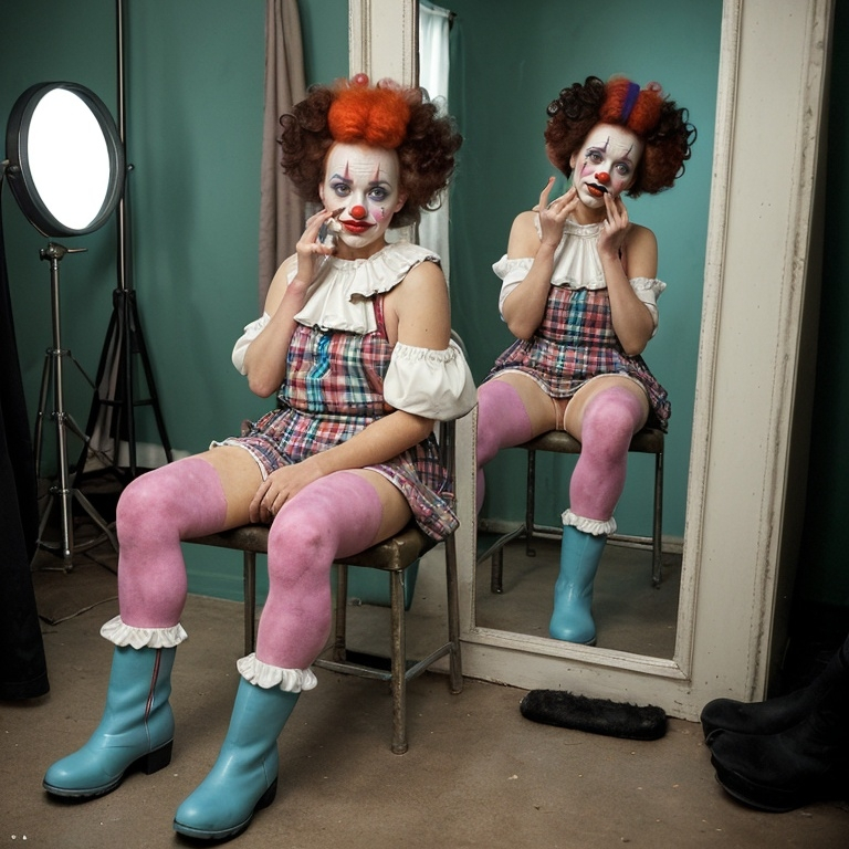 Prompt: A clown sits in a backstage area and wipes off some of her makeup as she looks in the mirror, silly big boots, funny hair, Normal Rockwell Style, depressed colors, photorealistic