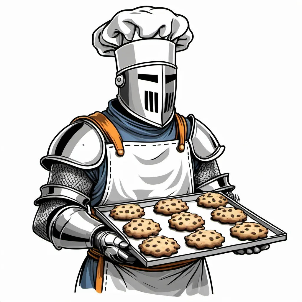 Prompt: Draw a knight in full armor and a helmet, wearing a chef's hat an apron and oven mitts, holding a tray of cookies