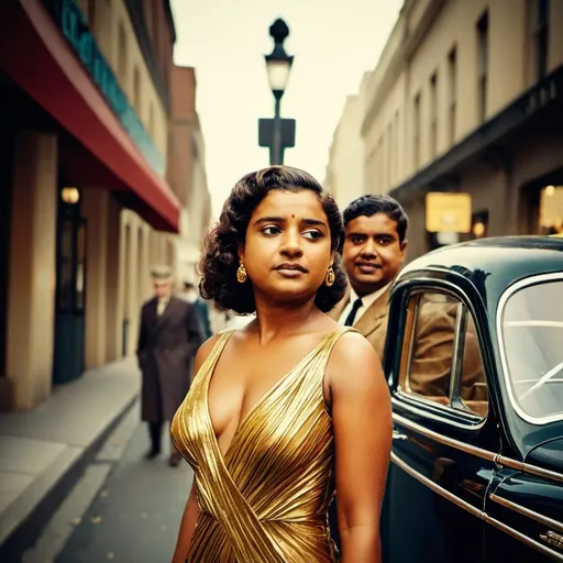 Prompt: a woman in a gold dress standing next to a car on a street with a man walking by her, Constance-Anne Parker, art deco, fashion photography, a photorealistic painting