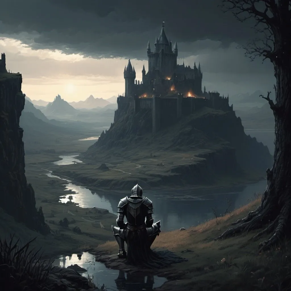 Prompt: dark fantasy With a knight who kneels down and a beautiful landscape its a bit pixeled and have much details