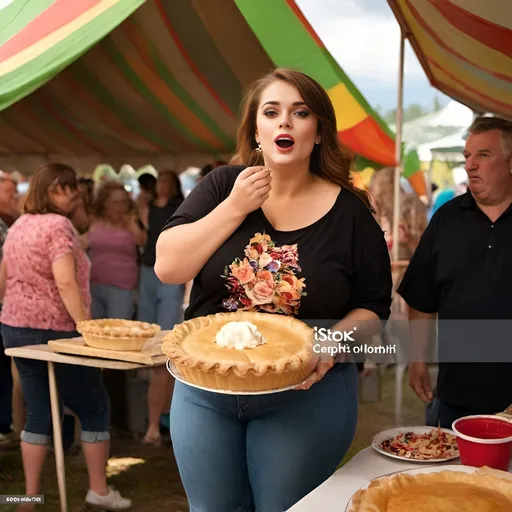 Prompt: (enormously fat woman), enthusiastically stuffing pie into her mouth, (small town fair), colorful tents and booths in the background, vibrant and cheerful atmosphere, the excitement of the crowd, gluttonous mood, delicious pies on display, (capture the joy of competition), ultra-detailed, a sense of fun and indulgence.