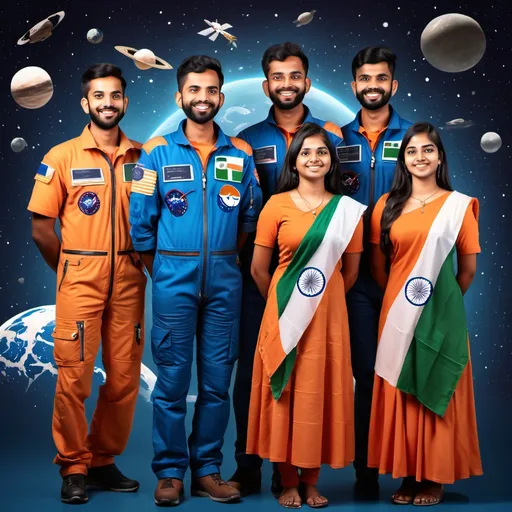 Prompt: give me an image for a group of young indian men and women space consultants using a space theme with indian flag on their dress