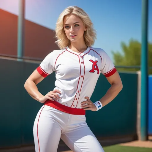 Prompt: Attractive blonde woman in white baseball outfit, red and blue accents, athletic physique, vibrant and youthful, high quality, realistic, sporty, dynamic pose, sunny outdoor setting, athletic, detailed hair, professional lighting, vibrant colors, sunny, sporty, realistic, detailed clothing, athletic build, active lifestyle, dynamic composition