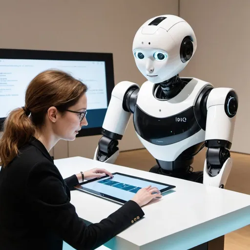 Prompt: a museum curator getting help from a robot in managing digital data
