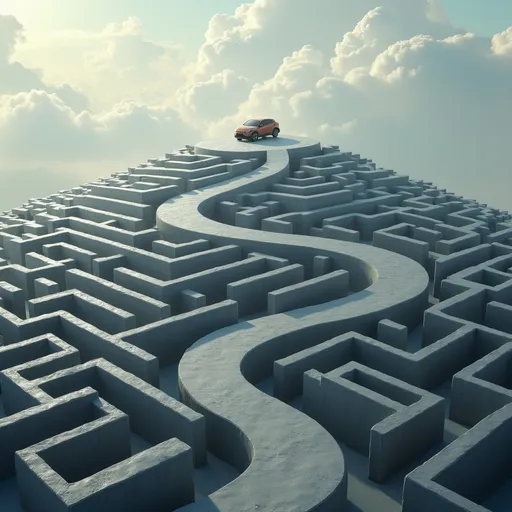 Prompt: Turn the hill into a grey maze and put the car on the top
