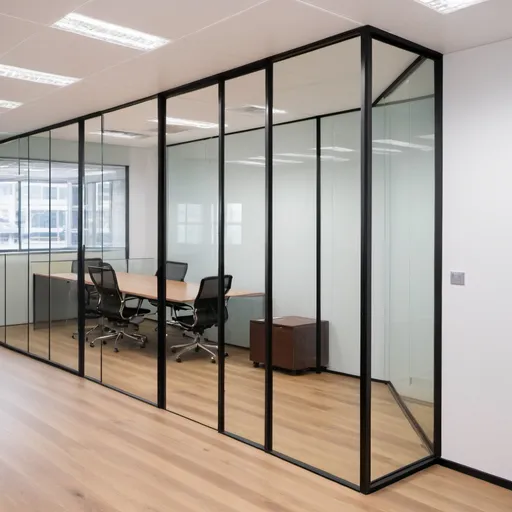 Prompt: Office glass partition on timber panel flooring. Joint of timber flooring with glass to have timber quarter rounds
