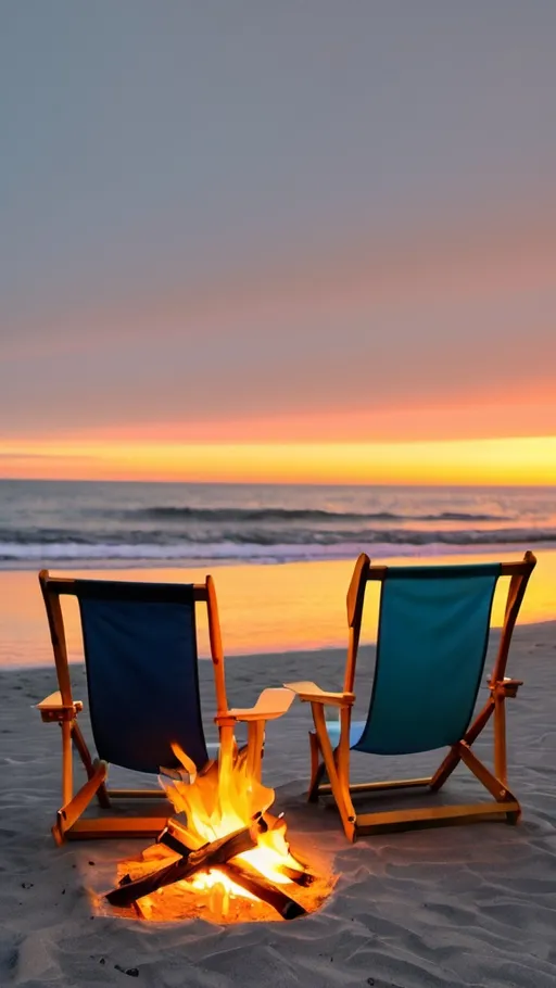 Prompt: Two beach chairs on a beach, with sunset, ocean, campfire