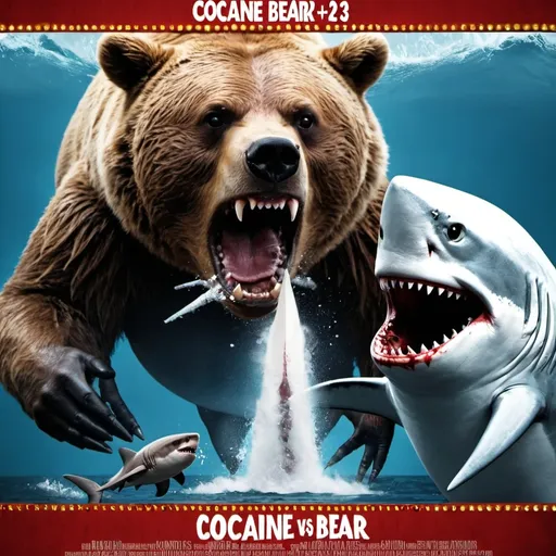 Prompt: Movie poster for cocaine bear vs cocaine shark