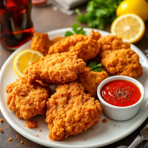 Prompt: Tasty fried chicken , fresh hot from frying served with a cold drink and hot pepper sauce